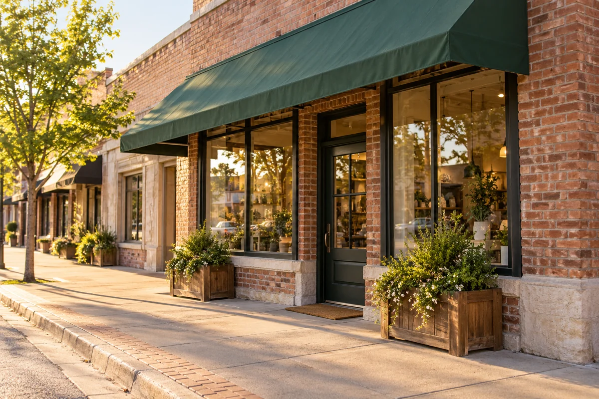 Representative ordinary brick neighborhood shop with a green awning and pedestrian entrance