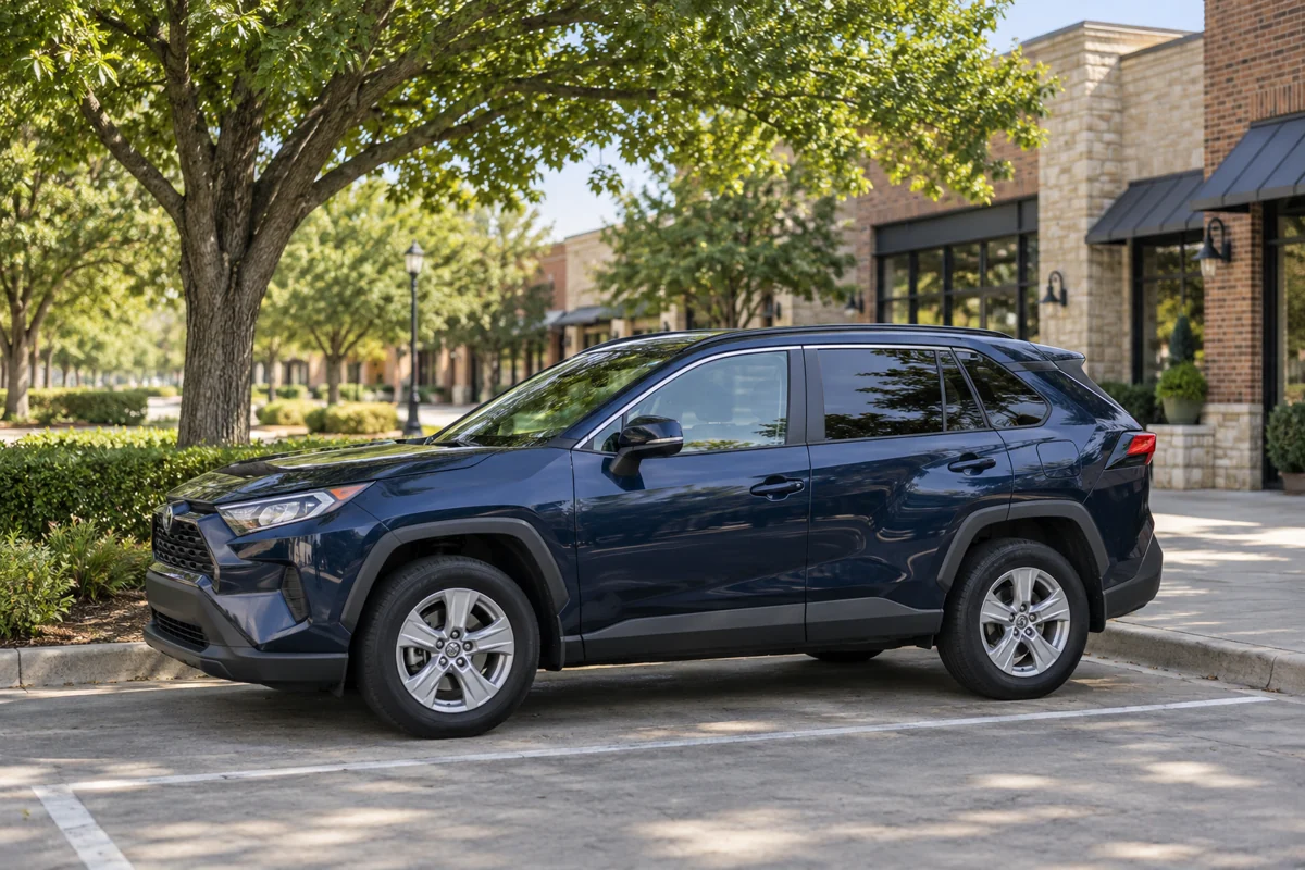 Representative blue compact SUV parked beside shade trees and low brick buildings