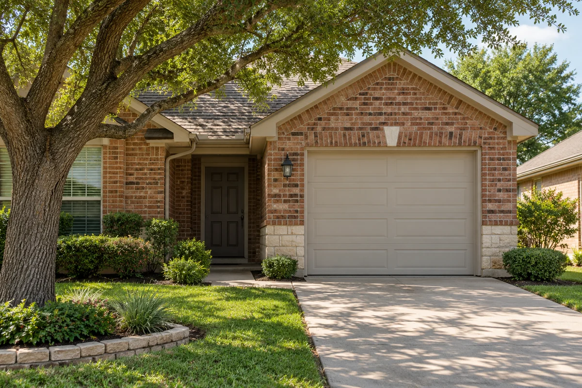 Representative private single-car garage at an ordinary North Texas brick home
