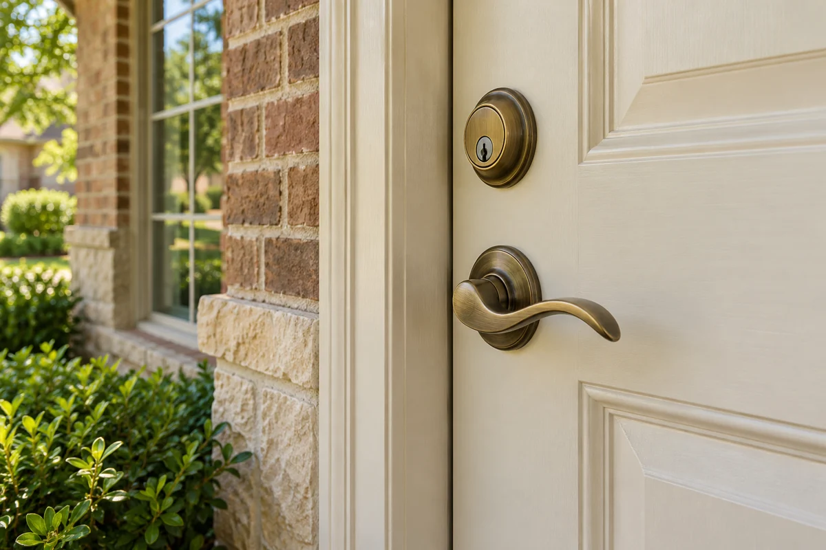 Representative conventional brass lever handle and deadbolt on an ivory residential door