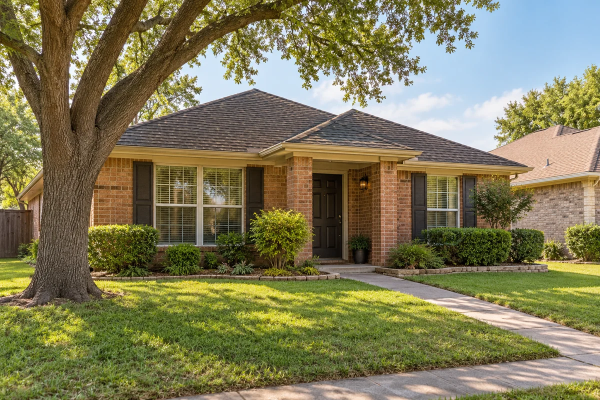 Representative red-brick ranch home with a shaded front porch and lawn in North Texas